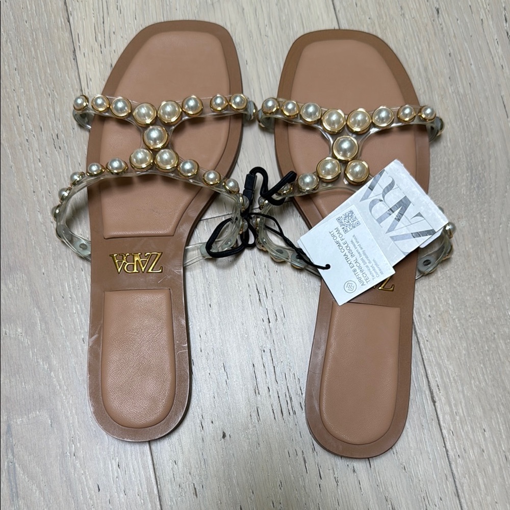 Zara Pearl Embellished Tan Sandals